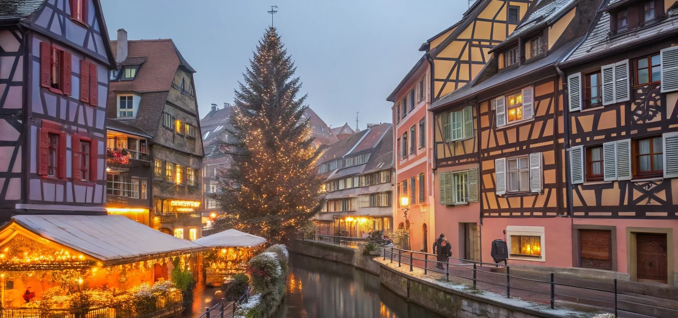 Casas enxaimel coloridas nos mercados de Natal na Alsácia, na França